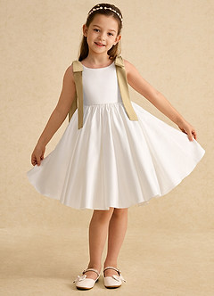 Azazie Stacie Flower Girl Dresses Ivory Gold A-Line Bow Matte Satin Dress image1