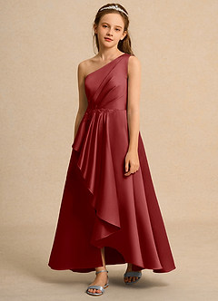 Azazie Taffy Girls Formal Robe Demoiselle D'honneur Fillette Robe Trapèze en Mat Satiné Dentelle Rouille image1