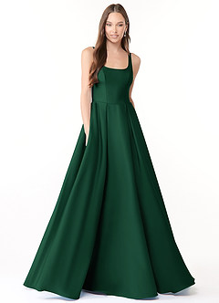 Azazie Neve Vestidos de damas de honor Vestido de Verde Oscuro de Satén Elástico de Corte Princesa con Con bolsillos image1
