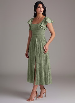 Azazie Bondi Bridesmaid Dresses Pistachio A-Line Ruched Floral Burnout Dress image3