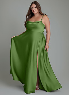 Azazie Elle Vestidos de damas de honor Vestido Albahaca de Satén Elástico de Línea A con Plisado image8