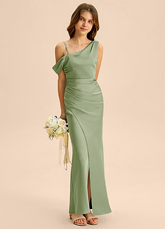 Azazie Madelyn Junior 쉬스 오프 더 숄더 스트레치 새틴 플로어 길이 주니어 신부 들러리 드레스 image4