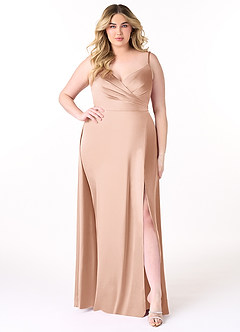 Azazie Dalilah Bridesmaid Dresses Rose Gold A-Line V-Neck Pleated Stretch Satin Dress image6