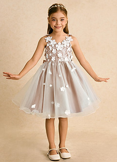 Azazie Junebug Flower Girl Dresses Ivory Champagne Rose Ball-Gown Lace Tulle Dress image3