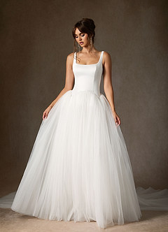Azazie Samirah Wedding Dresses Diamond White A-Line Detachable Train Double Faced Satin Dress image2
