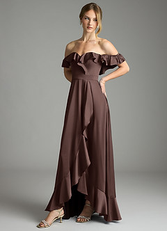 Azazie Lyra Bridesmaid Dresses Ganache A-Line Off the Shoulder Stretch Satin Convertible Dress image7