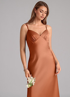 Azazie Suttona Bridesmaid Dresses Copper A-Line Pleated Stretch Satin Dress image7