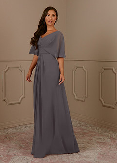 Azazie Oksana Steel Grey A-Line V-Neck Pleated Chiffon Dress