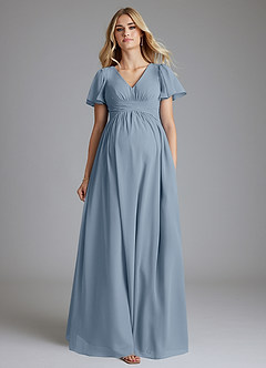 Azazie Verna vestidos de dama de honor de maternidad Vestido de Corte en A Cuello en V fruncido Hasta el suelo Gasa image4