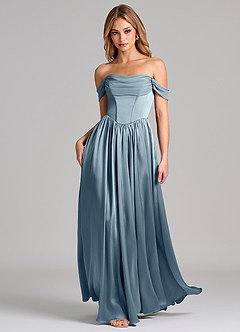 Azazie Raisa Bridesmaid Dresses Dusty Blue A-Line Off the Shoulder Stretch Satin Dress image3