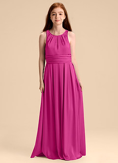 Azazie Bibiane Junior Fuchsia A-Line Pleated Stretch Satin Dress image3