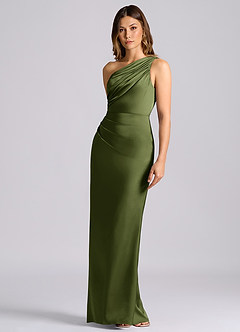 Azazie Akilah Bridesmaid Dresses Olive Mermaid One Shoulder Stretch Satin Dress image6