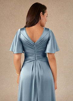 Azazie Emmeline Abiti per la Madre della Sposa Abito A-Line in Raso Elasticizzato Plissettato Blu Polveroso image4
