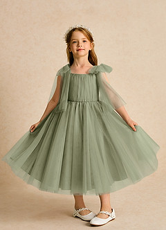 Azazie Dori Robe Demoiselle D'honneur Fillette Robe Trapèze en Tulle Rayé Pistache image6