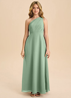 Azazie Phaedra Junior Abito A-Line in Chiffon Plissettato Matcha image4