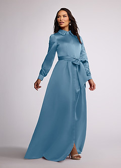 Azazie Ruth Mother of the Bride Dresses Steel Blue A-Line Lace Matte Satin Dress image2