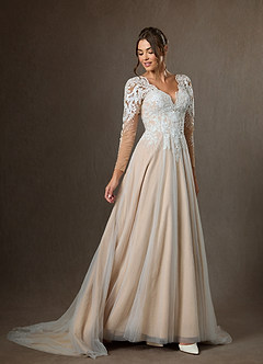 Azazie Essy Wedding Dresses Diamond White Champagne A-Line V-Neck Sequins Tulle Dress image5