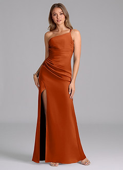 Azazie Eren Robes de demoiselle d'honneur Robe Sirène en Satin extensible Ue épaule Orange Brûlée image1