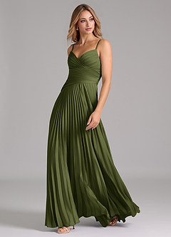 Azazie Vini Bridesmaid Dresses Olive A-Line Pleated Stretch Satin Dress image5