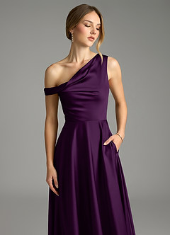 Azazie Xanthe Bridesmaid Dresses Grape A-Line Off the Shoulder Stretch Satin Dress image5