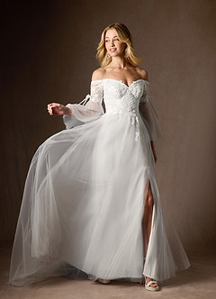 Azazie Stevie Final Sale Diamond White Nude A-Line Off the Shoulder Tulle Dress image9