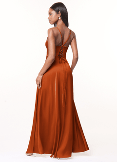 Azazie Maksim Vestidos de damas de honor Vestido de Naranja Quemada de Satén Elástico de Corte en A con Cuello en V image2