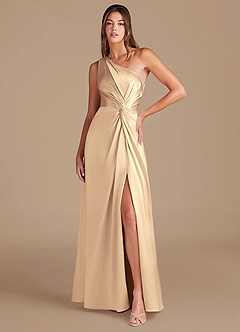 Azazie Brooke Brautjungfernkleider A-Linie One-Shoulder Metallischer Satin Kleid Gold image1