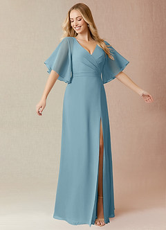 Azazie Cierra Robes de demoiselle d'honneur Robe Trapèze en Mousseline de soie Col en V Bleu Maussade image1