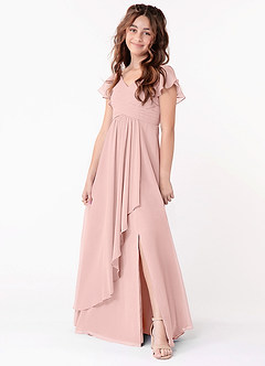 Azazie Omari Junior Powder Pink A-Line Ruched Chiffon Dress image1