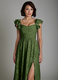 Azazie Anaya Bridesmaid Dresses Olive A-Line Ruched Floral Burnout Dress image3