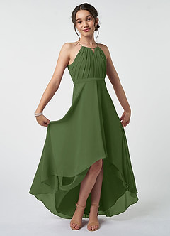 Azazie Oaklynn Junior Olive A-Line Pleated Chiffon Dress image2