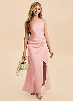 Azazie Minnie Junior Powder Pink Sheath Ruched Stretch Satin Dress image5