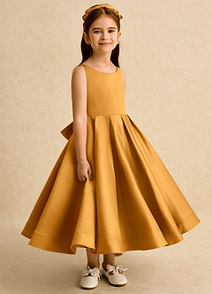 Azazie Babs Flower Girl Dresses Butterscotch Ball-Gown Pleated Matte Satin Dress image3