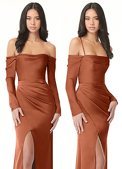 Azazie Hallie Bridesmaid Dresses Cedar Rose Sheath Off-The-Shoulder Long Sleeve Stretch Satin Convertible Dress image9