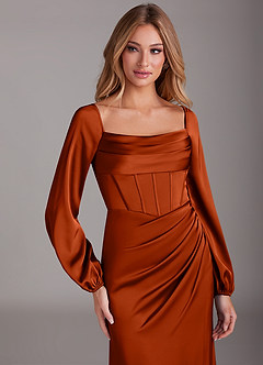 Azazie Charissa Bridesmaid Dresses Paprika Sheath Long Sleeve Stretch Satin Dress image7
