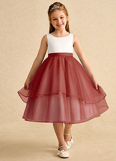 Azazie Rene vestidos de niña de las flores Vestido de Marfil Terracotta de Tul de Corte En A con Lazo image4