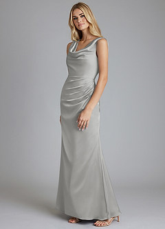 Azazie Tallie Bridesmaid Dresses Silver Mermaid Pleated Stretch Satin Dress image2
