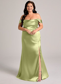 Azazie Saige Bridesmaid Dresses Pistachio Sheath Off the Shoulder Metallic Satin Convertible Dress image9