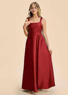 Azazie Azaria Junior Pomegranate A-Line Pleated Stretch Satin Dress image6