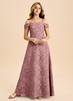 Azazie Anselie Junior A-Linie Schulterfrei Blumen-Burnout Kleid Altrosa image4