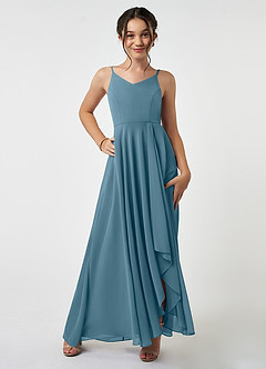 Azazie Collette Junior A-Linie Gestreift Chiffon Kleid Bermudablau image1
