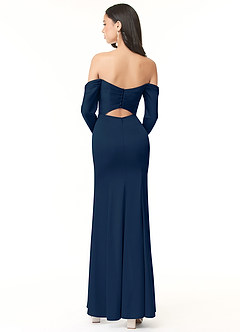 Azazie Hallie Bridesmaid Dresses Dark Navy Sheath Off-The-Shoulder Long Sleeve Stretch Satin Convertible Dress image4