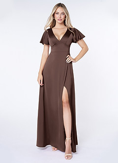 Azazie Lani Bridesmaid Dresses Ganache A-Line Flounce Sleeve Stretch Satin Dress image1
