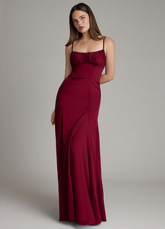 Azazie Avira At-home Try On Dresses Burgundy Mermaid Stretch Satin Dress image5