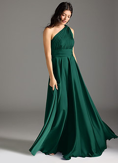 Azazie Charlize Bridesmaid Dresses Emerald A-Line One Shoulder Stretch Satin Dress image11