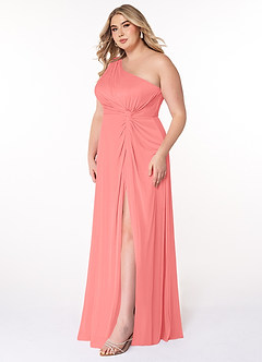 Azazie Brooke Bridesmaid Dresses Coral A-Line One Shoulder Mesh Dress image8
