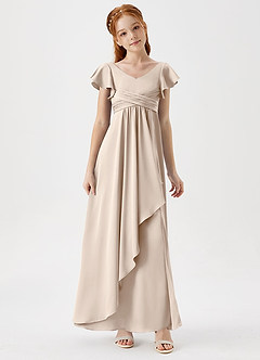 Azazie Omari Junior White Alabaster A-Line Pleated Stretch Satin Dress image3