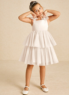 Azazie Vanellope vestidos de niña de las flores Vestido de Alabastro Blanco de Tul de Corte En A con Lazo image3