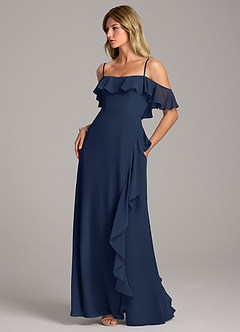 Azazie Aubrie Bridesmaid Dresses Dark Navy A-Line Off the Shoulder Chiffon Dress image3