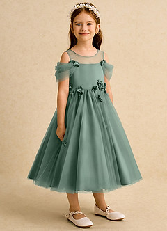 Azazie Juni Flower Girl Dresses Eucalyptus Ball-Gown Pleated Tulle Dress image8